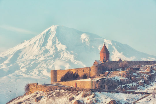 Ancient Armenian church Khor Virap with Ararat close up, Armenia