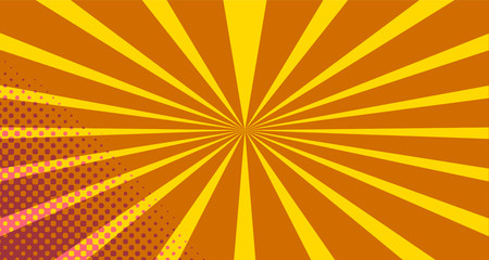 Obraz premium Vintage colorful comic book background. Orange blank bubbles of different shapes. Rays, radial, halftone, dotted effects. For sale banner empty Place for text 1960s. Copy space vector eps10.