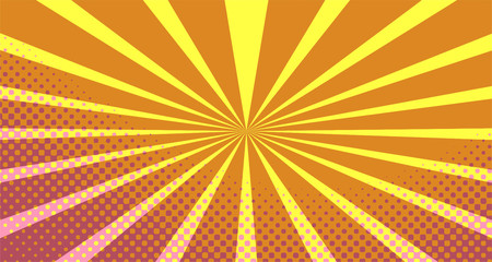 Fototapeta premium Vintage colorful comic book background. Orange blank bubbles of different shapes. Rays, radial, halftone, dotted effects. For sale banner empty Place for text 1960s. Copy space vector eps10.