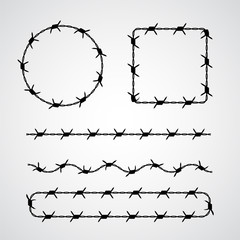 Barbed wire vector brush. Frames and borders for prison or incarceration concept isolated on white. Fight for freedom, refugees concept. Ominous silhouette of totalitarian government regime. - obrazy, fototapety, plakaty