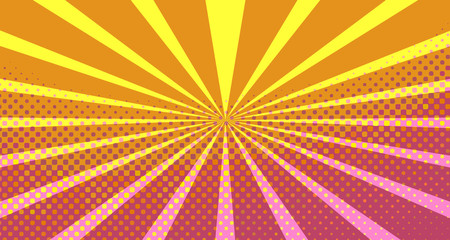 Fototapeta premium Vintage colorful comic book background. Orange blank bubbles of different shapes. Rays, radial, halftone, dotted effects. For sale banner empty Place for text 1960s. Copy space vector eps10.