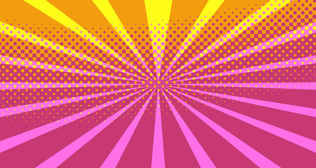 Obraz premium Vintage colorful comic book background. Orange blank bubbles of different shapes. Rays, radial, halftone, dotted effects. For sale banner empty Place for text 1960s. Copy space vector eps10.