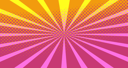 Obraz premium Vintage colorful comic book background. Orange blank bubbles of different shapes. Rays, radial, halftone, dotted effects. For sale banner empty Place for text 1960s. Copy space vector eps10.