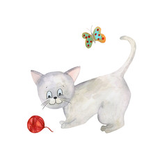 Watercolor illustration of a kitten with a butterfly. Hand-drawn in watercolor and suitable for all types of design
