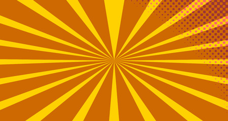 Obraz premium Vintage colorful comic book background. Orange blank bubbles of different shapes. Rays, radial, halftone, dotted effects. For sale banner empty Place for text 1960s. Copy space vector eps10.