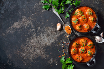 Spicy meatballs in tomato sauce, a typical Spanish and Mexican bar food, so called albondigas