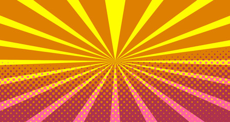 Vintage colorful comic book background. Orange blank bubbles of different shapes. Rays, radial, halftone, dotted effects. For sale banner empty Place for text 1960s. Copy space vector eps10.