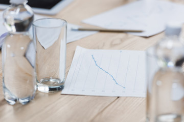 selective focus of paper with infographics near bottles and glasses of water on wooden table in meeting room