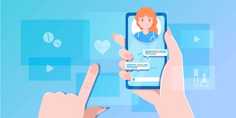 smartphone screen with female therapist on chat in messenger and an online consultation. Vector flat illustration. Ask doctor. Online medical advise or consultation service, tele medicine, cardiology