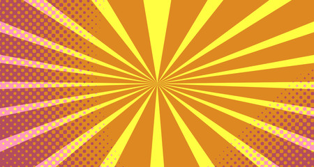 Vintage colorful comic book background. Orange blank bubbles of different shapes. Rays, radial, halftone, dotted effects. For sale banner empty Place for text 1960s. Copy space vector eps10.