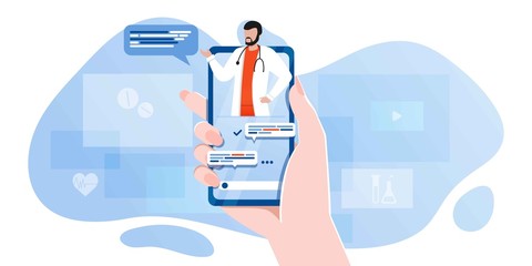 smartphone screen with male therapist on chat in messenger and an online consultation. Vector flat illustration. Ask doctor. Online medical advise or consultation service, tele medicine, cardiology - obrazy, fototapety, plakaty