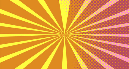 Vintage colorful comic book background. Orange blank bubbles of different shapes. Rays, radial, halftone, dotted effects. For sale banner empty Place for text 1960s. Copy space vector eps10.