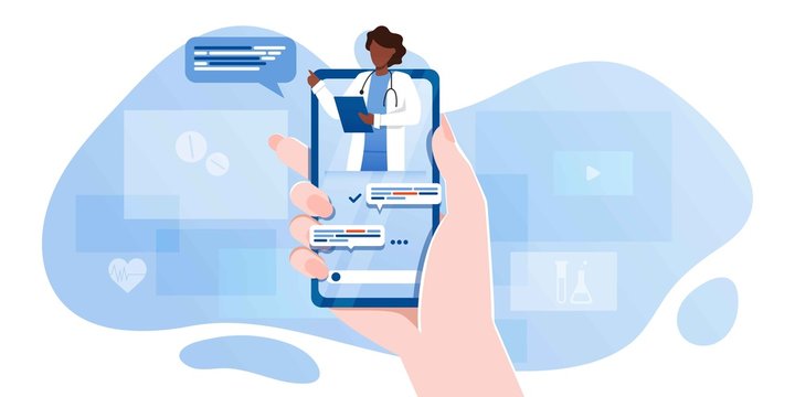 smartphone screen with female therapist on chat in messenger and an online consultation. Vector flat illustration. Ask doctor. Online medical advise or consultation service, tele medicine, cardiology