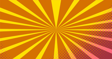 Fototapeta premium Vintage colorful comic book background. Orange blank bubbles of different shapes. Rays, radial, halftone, dotted effects. For sale banner empty Place for text 1960s. Copy space vector eps10.