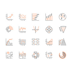 Chart and graph linear icons set. Round diagram. Histogram. Area chart. Pareto curve. Temperature map. Polar watch. Thin line contour symbols. Isolated vector outline illustrations. Editable stroke
