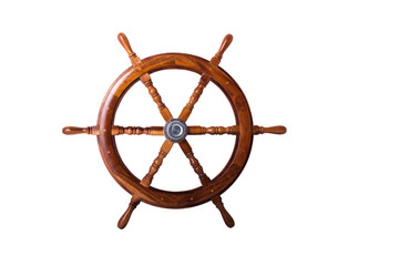 Old ship vintage, wooden steering wheel isolated on white background