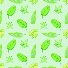 Seamless pattern leaves on green background. Concept of tropical forest in kawaii style. vector illustration flat design.