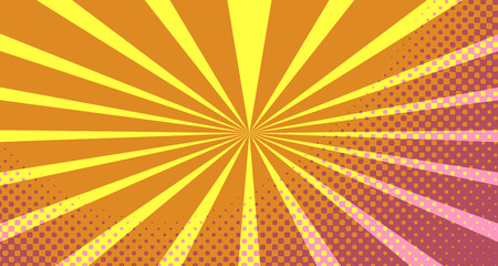 Fototapeta premium Vintage colorful comic book background. Orange blank bubbles of different shapes. Rays, radial, halftone, dotted effects. For sale banner empty Place for text 1960s. Copy space vector eps10.