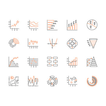 Chart And Graph Linear Icons Set. Round Diagram. Histogram. Area Chart. Pareto Curve. Temperature Map. Polar Watch. Thin Line Contour Symbols. Isolated Vector Outline Illustrations. Editable Stroke