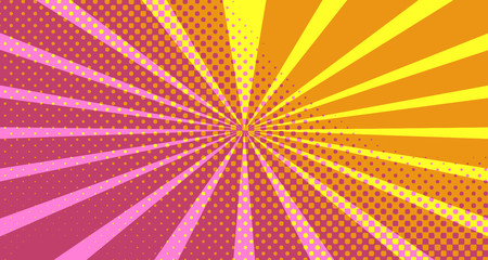 Fototapeta premium Vintage colorful comic book background. Orange blank bubbles of different shapes. Rays, radial, halftone, dotted effects. For sale banner empty Place for text 1960s. Copy space vector eps10.