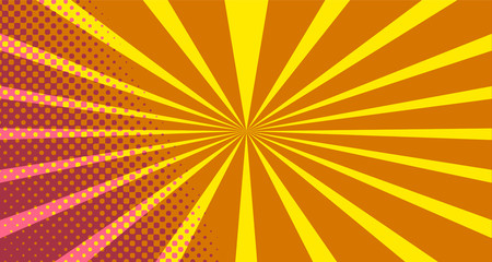 Vintage colorful comic book background. Orange blank bubbles of different shapes. Rays, radial, halftone, dotted effects. For sale banner empty Place for text 1960s. Copy space vector eps10.