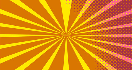 Vintage colorful comic book background. Orange blank bubbles of different shapes. Rays, radial, halftone, dotted effects. For sale banner empty Place for text 1960s. Copy space vector eps10.