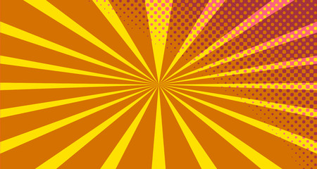 Fototapeta premium Vintage colorful comic book background. Orange blank bubbles of different shapes. Rays, radial, halftone, dotted effects. For sale banner empty Place for text 1960s. Copy space vector eps10.
