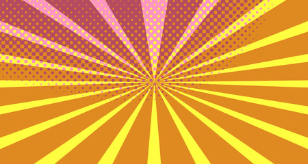 Vintage colorful comic book background. Orange blank bubbles of different shapes. Rays, radial, halftone, dotted effects. For sale banner empty Place for text 1960s. Copy space vector eps10.