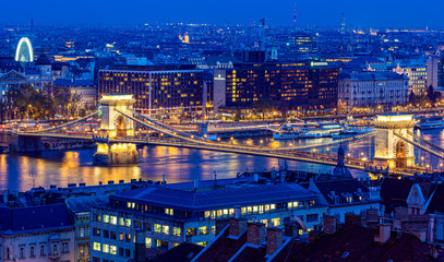  Chain Bridge at Budapest viewed from the Castle at night. The first permanent bridge across the Danube in Budapest, and was opened in 1849.