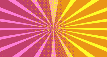 Vintage colorful comic book background. Orange blank bubbles of different shapes. Rays, radial, halftone, dotted effects. For sale banner empty Place for text 1960s. Copy space vector eps10.