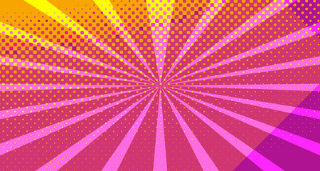 Obraz premium Vintage colorful comic book background. Orange blank bubbles of different shapes. Rays, radial, halftone, dotted effects. For sale banner empty Place for text 1960s. Copy space vector eps10.