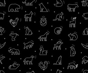 Seamless pattern with Animals icons. Animal icons set. Isolated on Black background