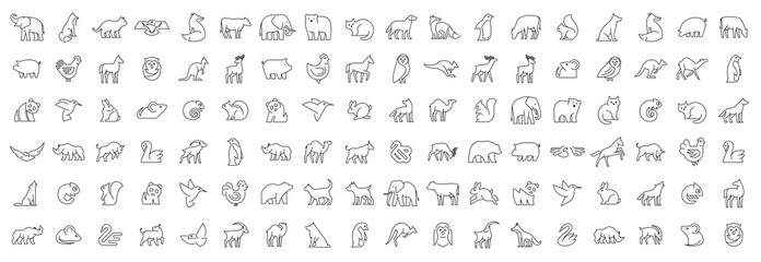 Fototapeta premium Liniowy zbiór ikon zwierząt. Zestaw ikon zwierząt. Na białym tle
