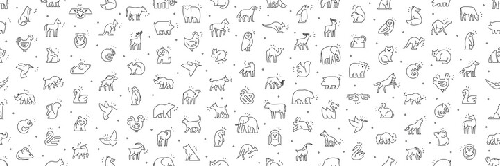 Seamless pattern with Animals icons. Animal icons set. Isolated on White background