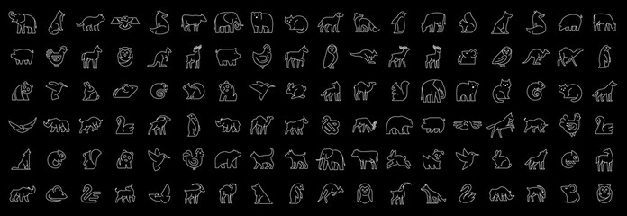 Linear collection of Animal icons. Animal icons set. Isolated on Black background