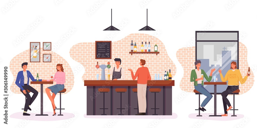 Wall mural People having fun, sitting and drinking. Happy friends, business people at party vector concept. Colleague business party after work, date with girl, students in a pub. bartender standing at bar stand