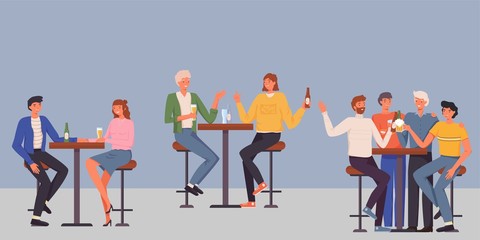 People having fun, sitting and drinking. Happy friends, business people at bar party vector concept. Colleague business party after work, date with girl, students having fun in a bar, pub, cafe