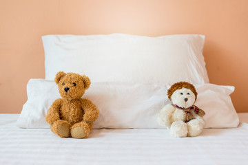 Two white and brown teddy bear sitting in the bed, no communication concept