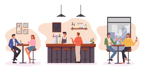 People having fun, sitting and drinking. Happy friends, business people at party vector concept. Colleague business party after work, date with girl, students in a pub. bartender standing at bar stand