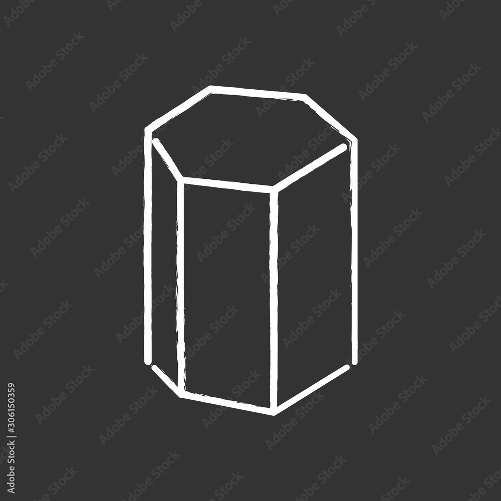 Poster Hexagonal prism chalk icon. Geometric dimensional figure. Hexagon based decorative element. Polygonal construct. Abstract shape. Simple print. Isometric form. Isolated vector chalkboard illustration