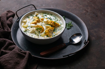 chicken soup with cheese and corn, Chupe de pollo, tipical venezuelan food