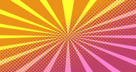 Vintage colorful comic book background. Orange blank bubbles of different shapes. Rays, radial, halftone, dotted effects. For sale banner empty Place for text 1960s. Copy space vector eps10.