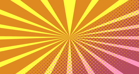Fototapeta premium Vintage colorful comic book background. Orange blank bubbles of different shapes. Rays, radial, halftone, dotted effects. For sale banner empty Place for text 1960s. Copy space vector eps10.
