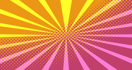 Vintage colorful comic book background. Orange blank bubbles of different shapes. Rays, radial, halftone, dotted effects. For sale banner empty Place for text 1960s. Copy space vector eps10.