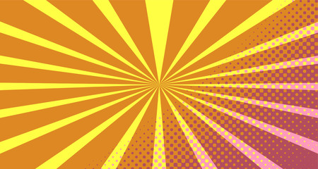 Obraz premium Vintage colorful comic book background. Orange blank bubbles of different shapes. Rays, radial, halftone, dotted effects. For sale banner empty Place for text 1960s. Copy space vector eps10.