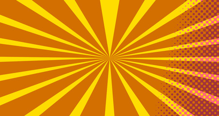 Fototapeta premium Vintage colorful comic book background. Pink Orange blank bubbles of different shapes. Rays, radial, halftone, dotted effects. For sale banner empty Place for text 1960s. Copy space vector eps10.