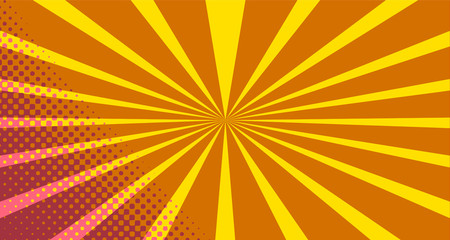 Obraz premium Vintage colorful comic book background. Pink Orange blank bubbles of different shapes. Rays, radial, halftone, dotted effects. For sale banner empty Place for text 1960s. Copy space vector eps10.