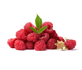 red ripe raspberries and green leaf on a white background