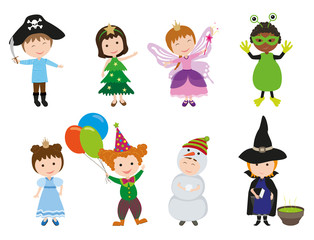 Christmas party. Cute children in holiday costumes: Pirate, Christmas Tree, Fairy, Monster, Princess, Clown, Snowman, Witch.   Vector illustration.