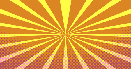 Obraz premium Vintage colorful comic book background. Pink Orange blank bubbles of different shapes. Rays, radial, halftone, dotted effects. For sale banner empty Place for text 1960s. Copy space vector eps10.